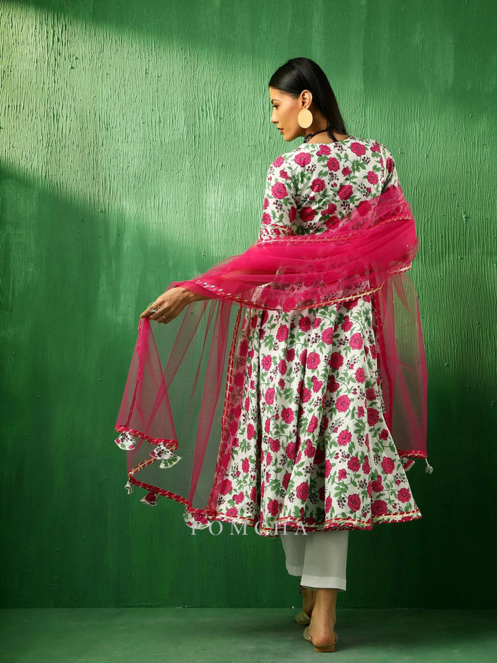 ADAA PINK WHITE COTTON ANARKALI SET - Pomcha Jaipur