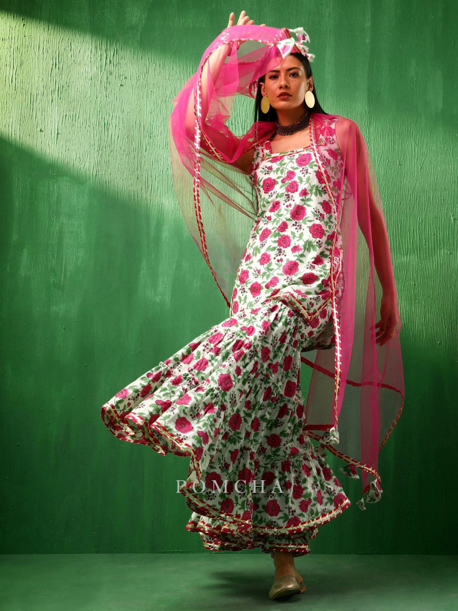 ADAA PINK WHITE COTTON SHARARA SET - Pomcha Jaipur