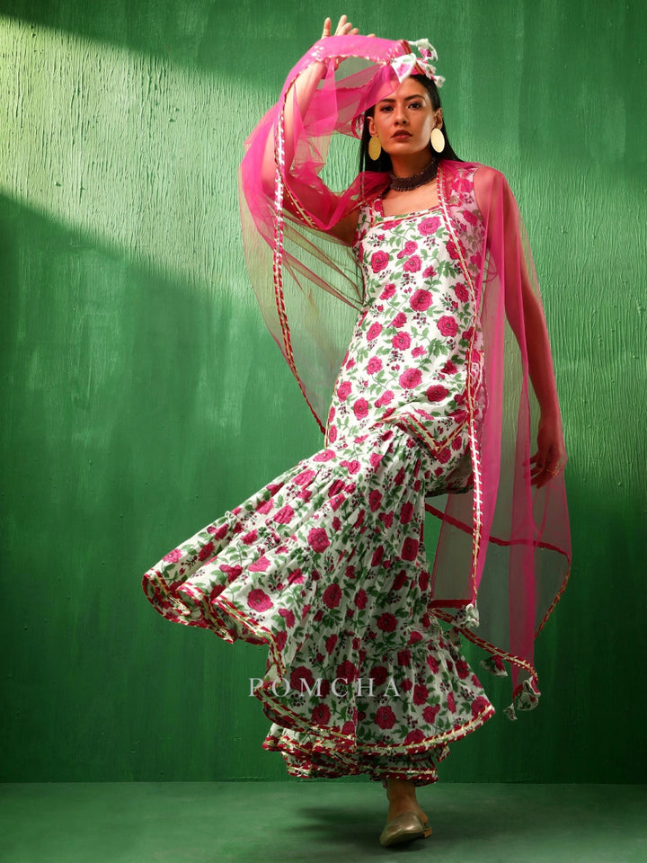 ADAA PINK WHITE COTTON SHARARA SET - Pomcha Jaipur