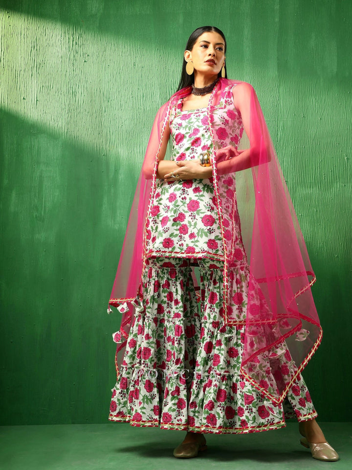 ADAA PINK WHITE COTTON SHARARA SET - Pomcha Jaipur