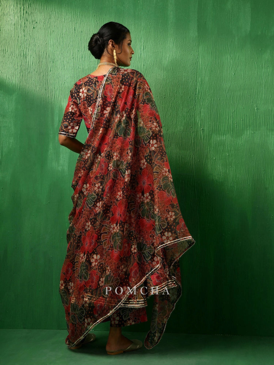 ADAA TROPICAL PRINT BLACK MUSLIN ANARKALI SET - Pomcha Jaipur