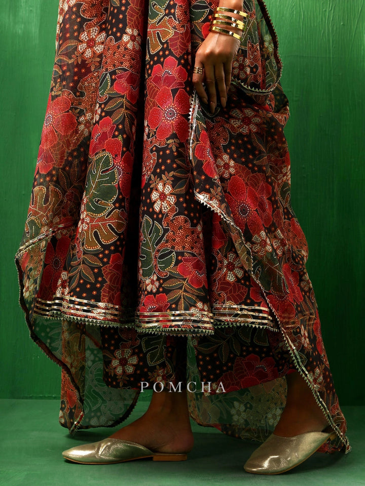 ADAA TROPICAL PRINT BLACK MUSLIN ANARKALI SET - Pomcha Jaipur