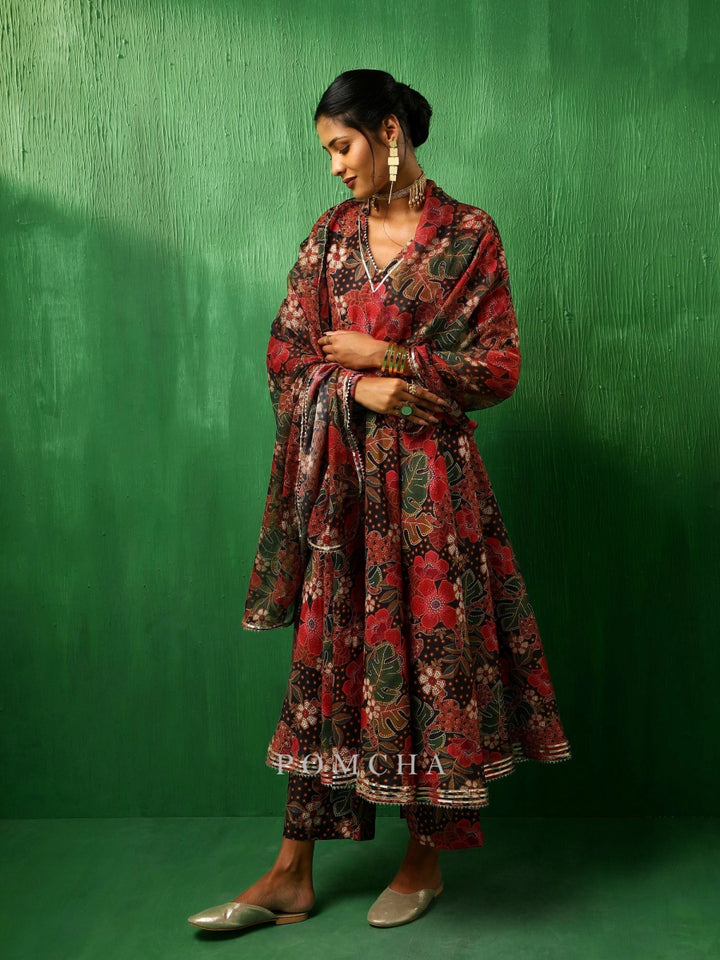 ADAA TROPICAL PRINT BLACK MUSLIN ANARKALI SET - Pomcha Jaipur