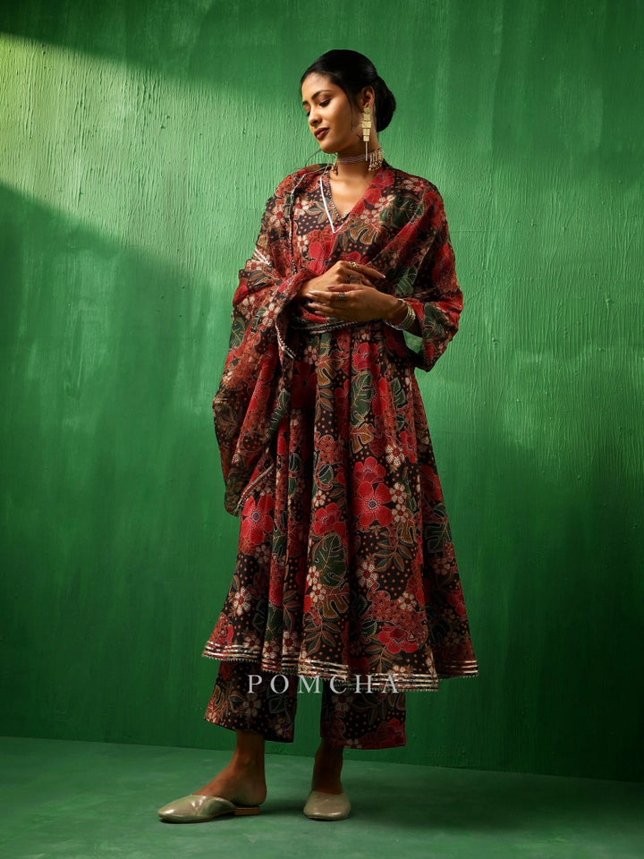 ADAA TROPICAL PRINT BLACK MUSLIN ANARKALI SET - Pomcha Jaipur