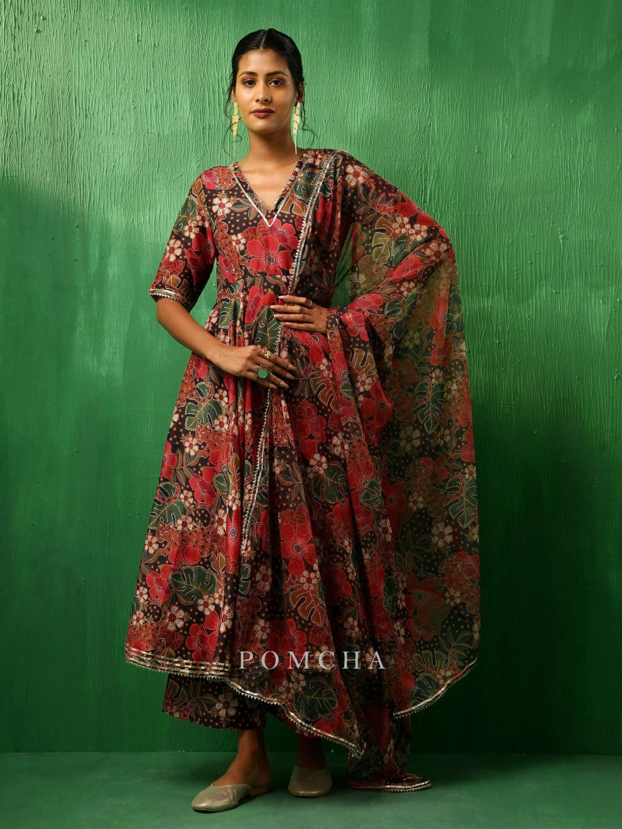 ADAA TROPICAL PRINT BLACK MUSLIN ANARKALI SET - Pomcha Jaipur