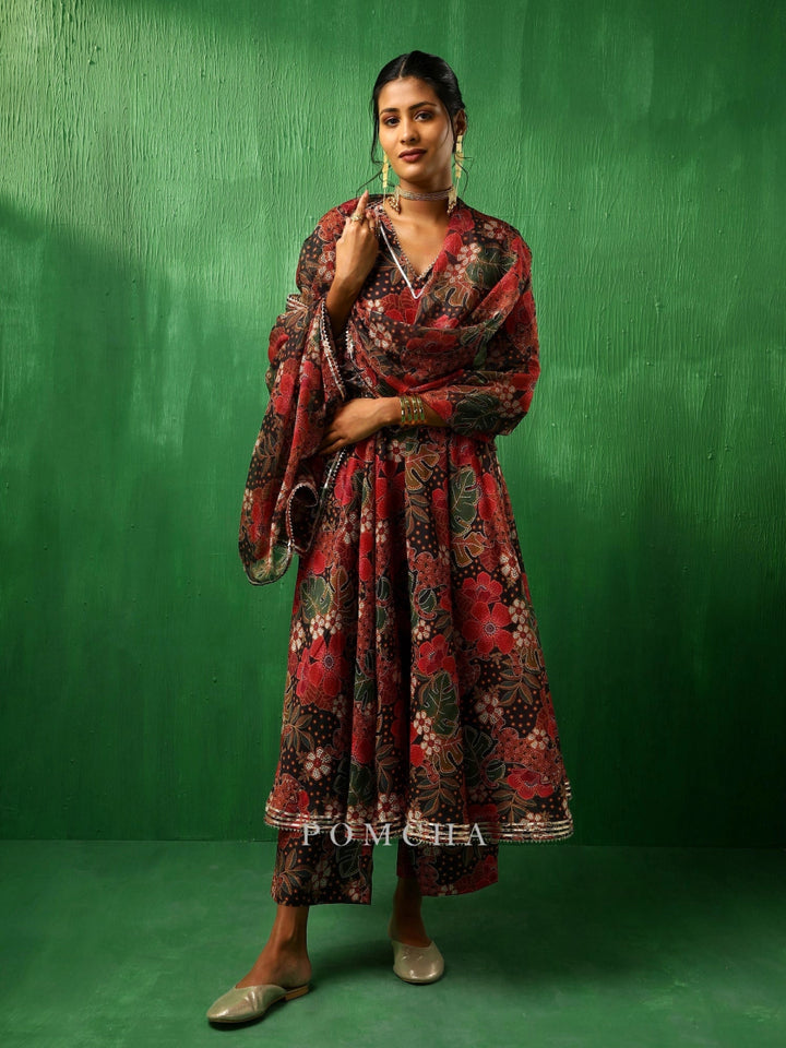 ADAA TROPICAL PRINT BLACK MUSLIN ANARKALI SET - Pomcha Jaipur