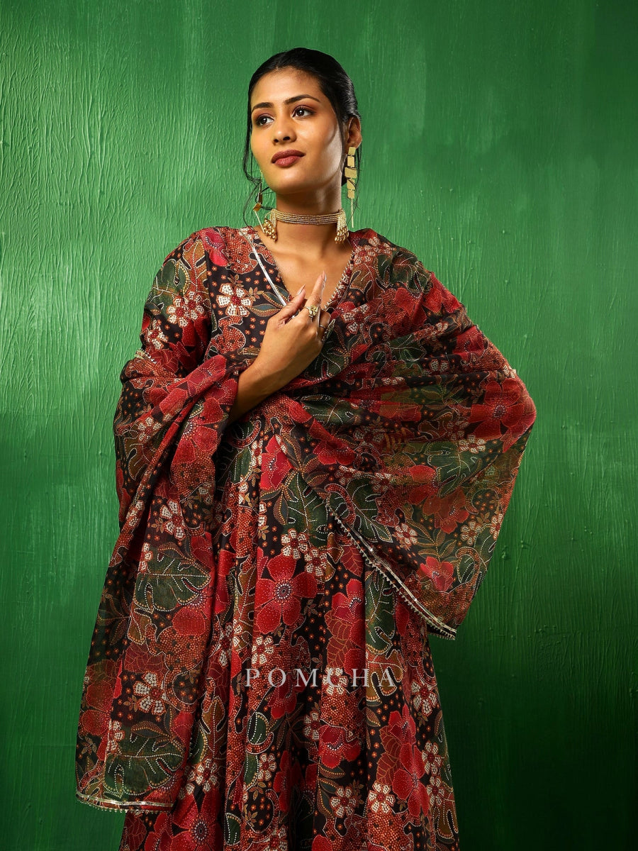 ADAA TROPICAL PRINT BLACK MUSLIN ANARKALI SET - Pomcha Jaipur