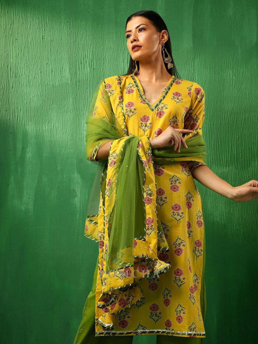 ADAA YELLOW COTTON SUIT SET - Pomcha Jaipur