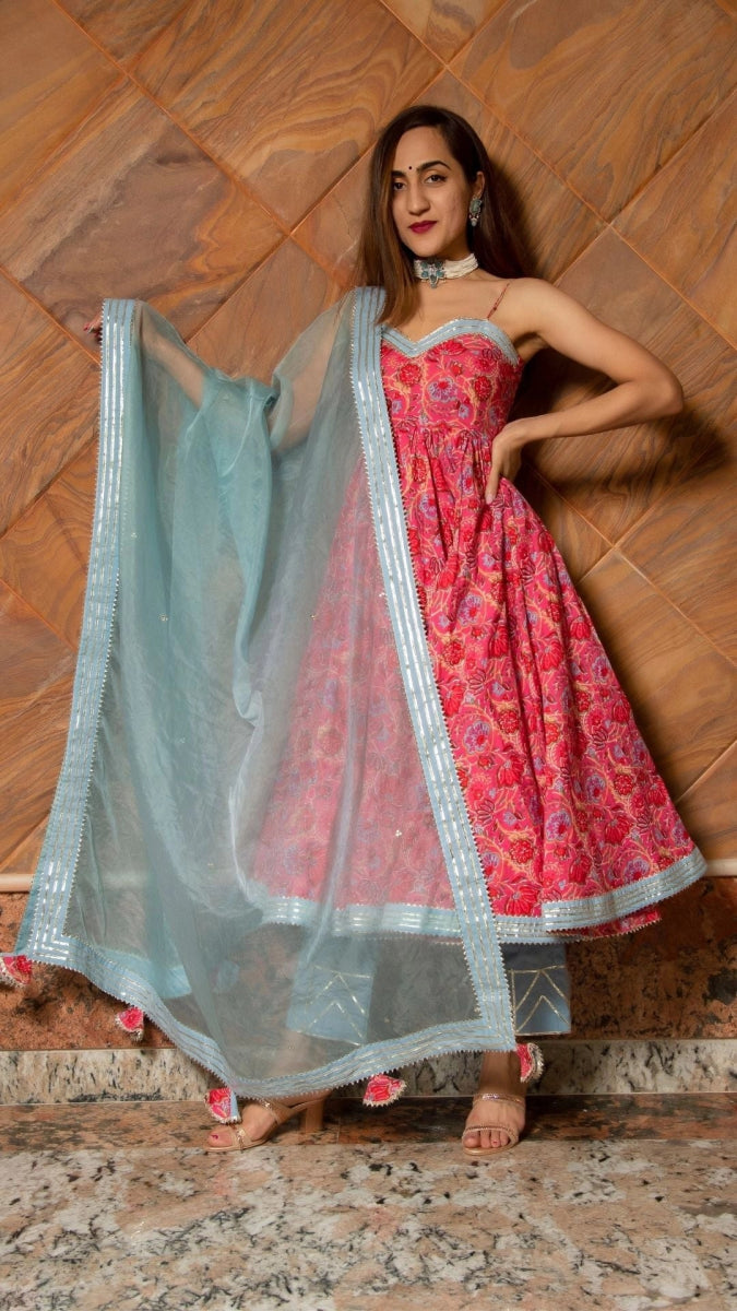 ADHYA FLORAL HAND BLOCK PURE COTTON ANARKALI SET - Pomcha Jaipur