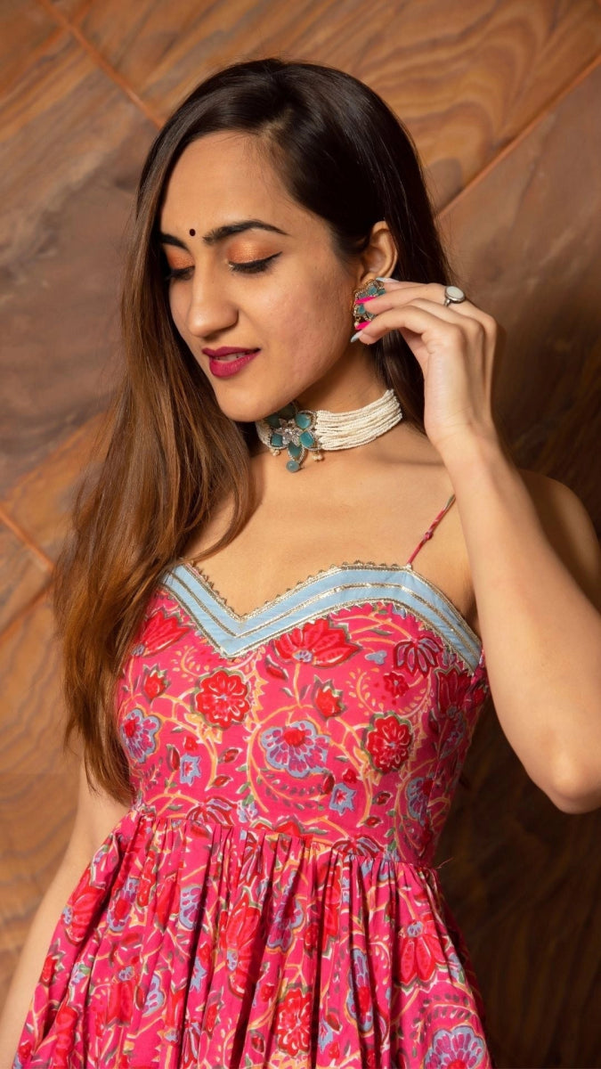 ADHYA FLORAL HAND BLOCK PURE COTTON ANARKALI SET - Pomcha Jaipur