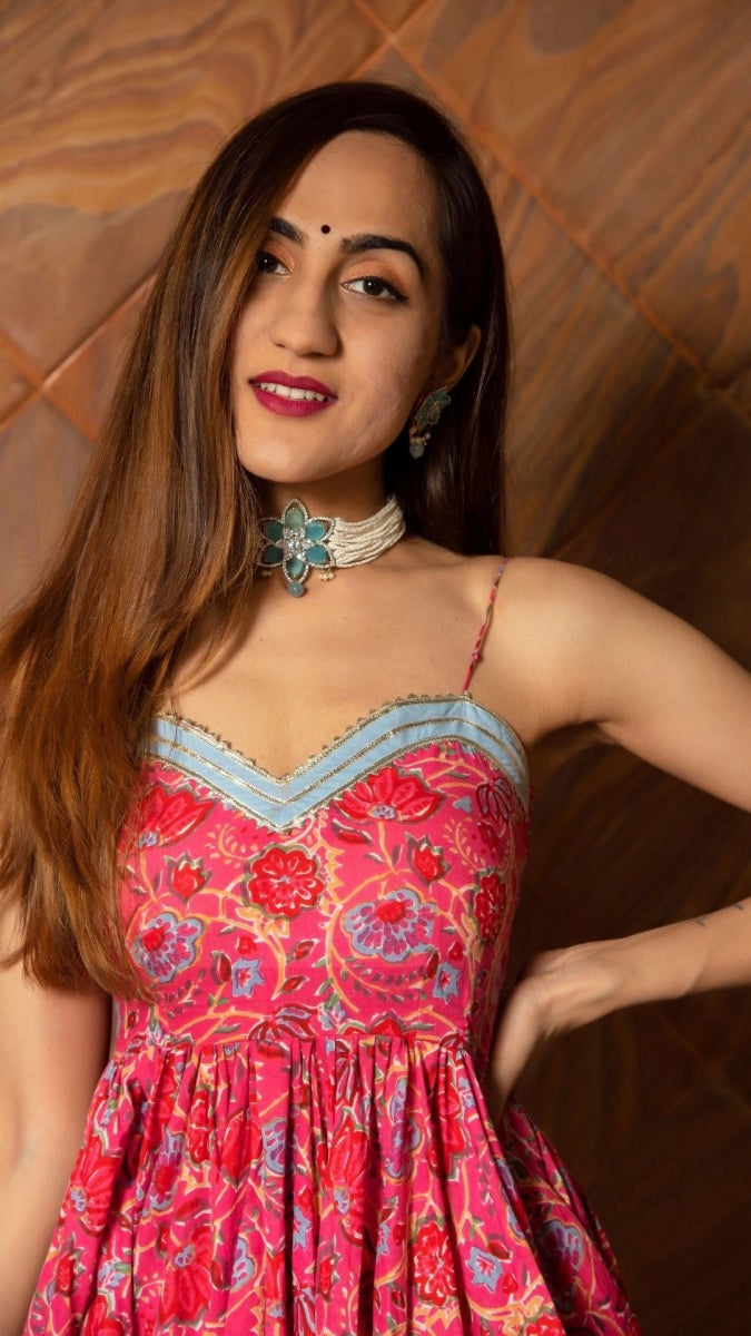 ADHYA FLORAL HAND BLOCK PURE COTTON ANARKALI SET - Pomcha Jaipur