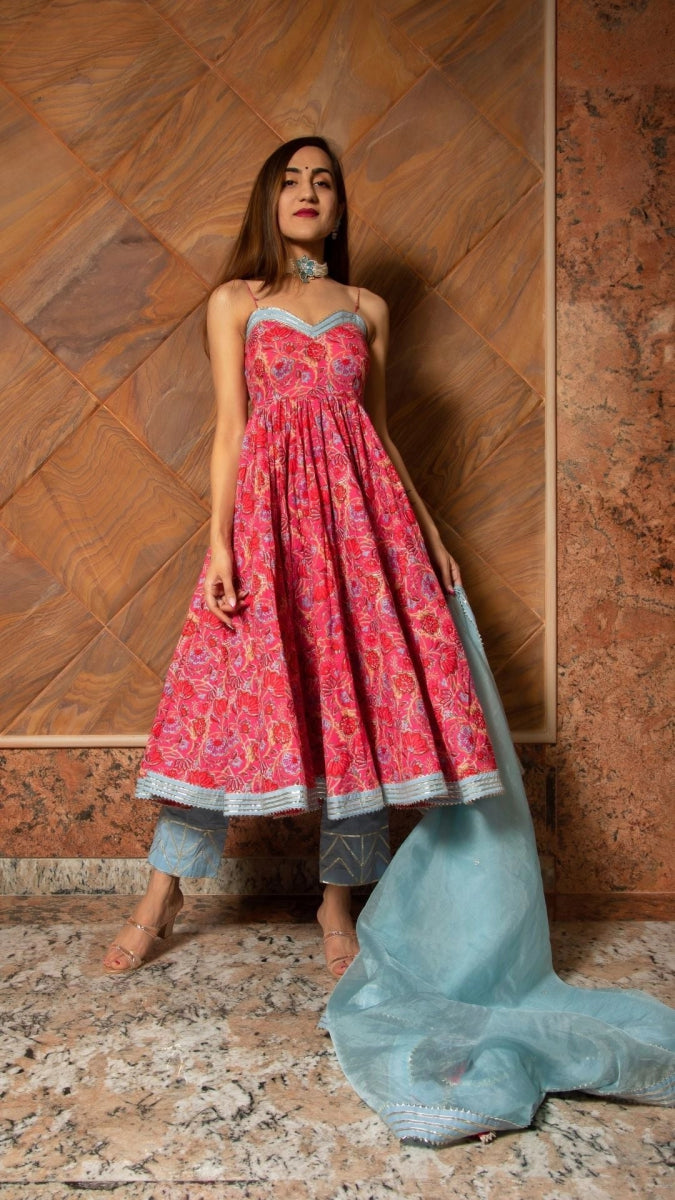 ADHYA FLORAL HAND BLOCK PURE COTTON ANARKALI SET - Pomcha Jaipur