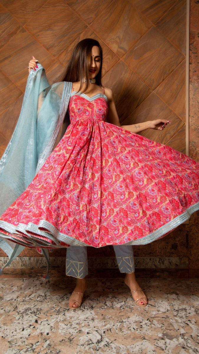 ADHYA FLORAL HAND BLOCK PURE COTTON ANARKALI SET - Pomcha Jaipur