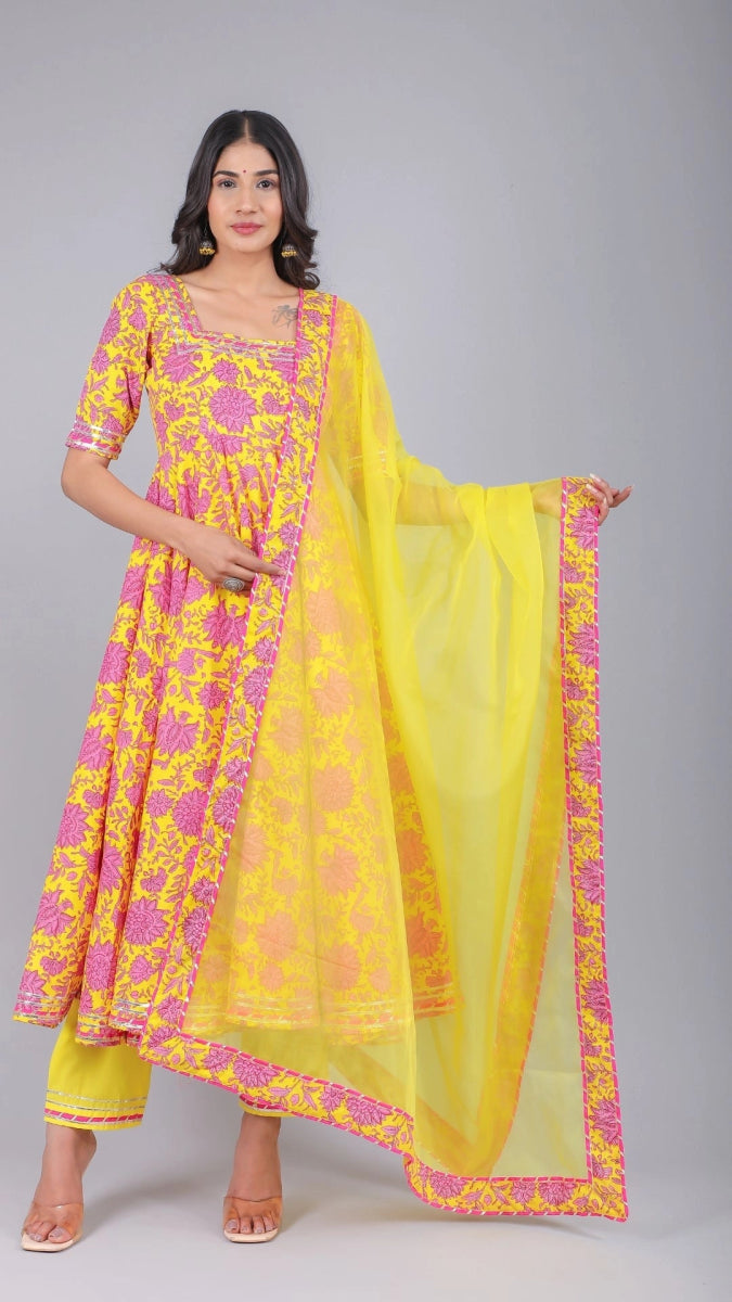 ADIBA YELLOW COTTON ANARKALI SET - Pomcha Jaipur