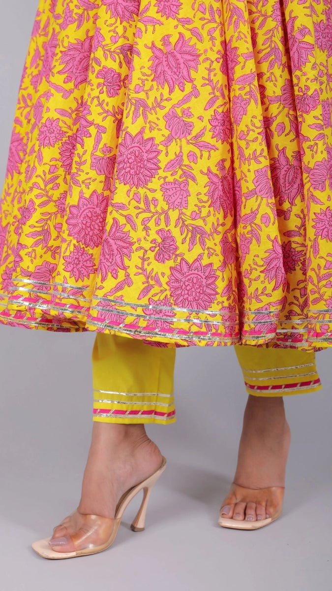 ADIBA YELLOW COTTON ANARKALI SET - Pomcha Jaipur