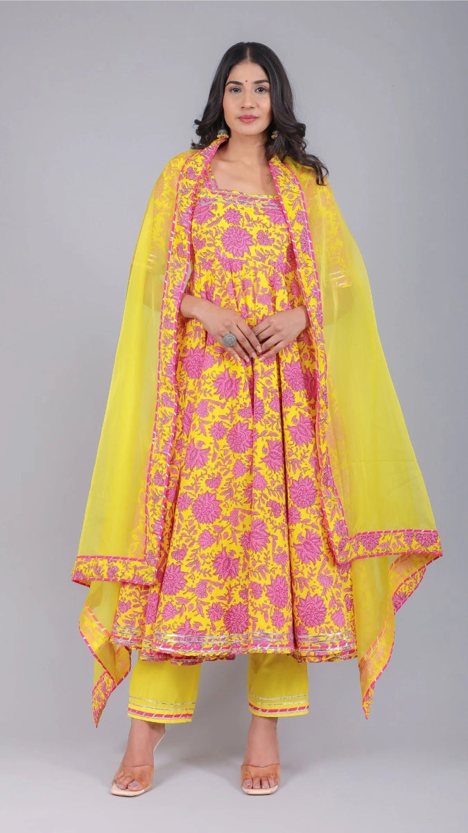 ADIBA YELLOW COTTON ANARKALI SET - Pomcha Jaipur