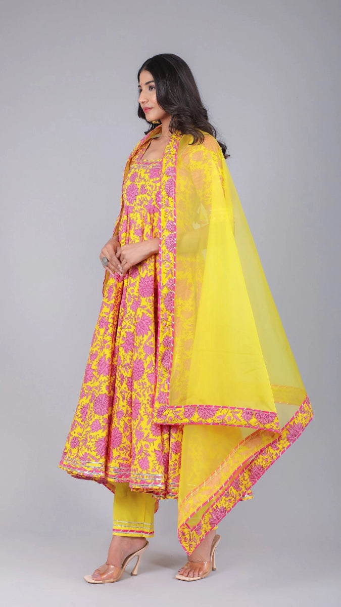 ADIBA YELLOW COTTON ANARKALI SET - Pomcha Jaipur