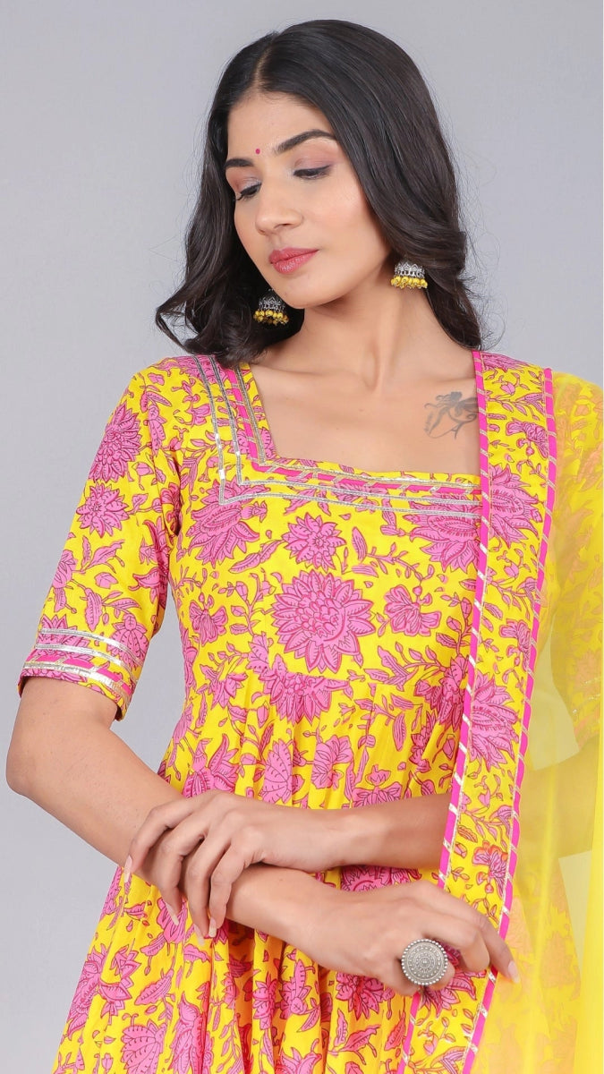 ADIBA YELLOW COTTON ANARKALI SET - Pomcha Jaipur