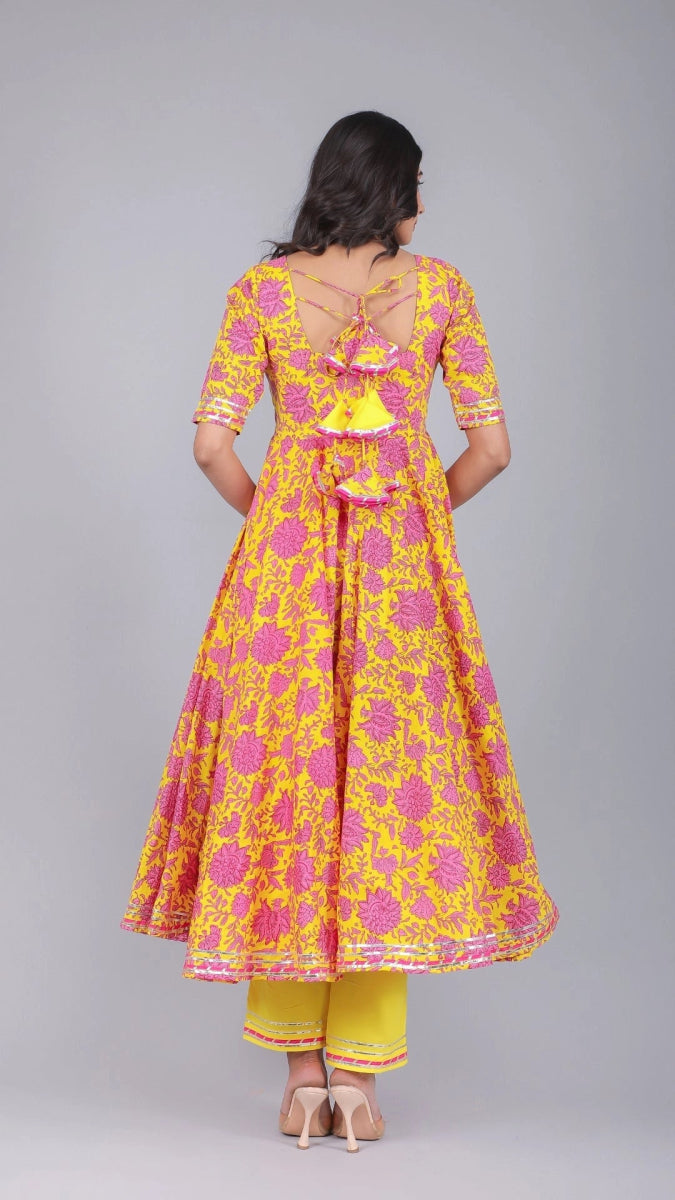 ADIBA YELLOW COTTON ANARKALI SET - Pomcha Jaipur