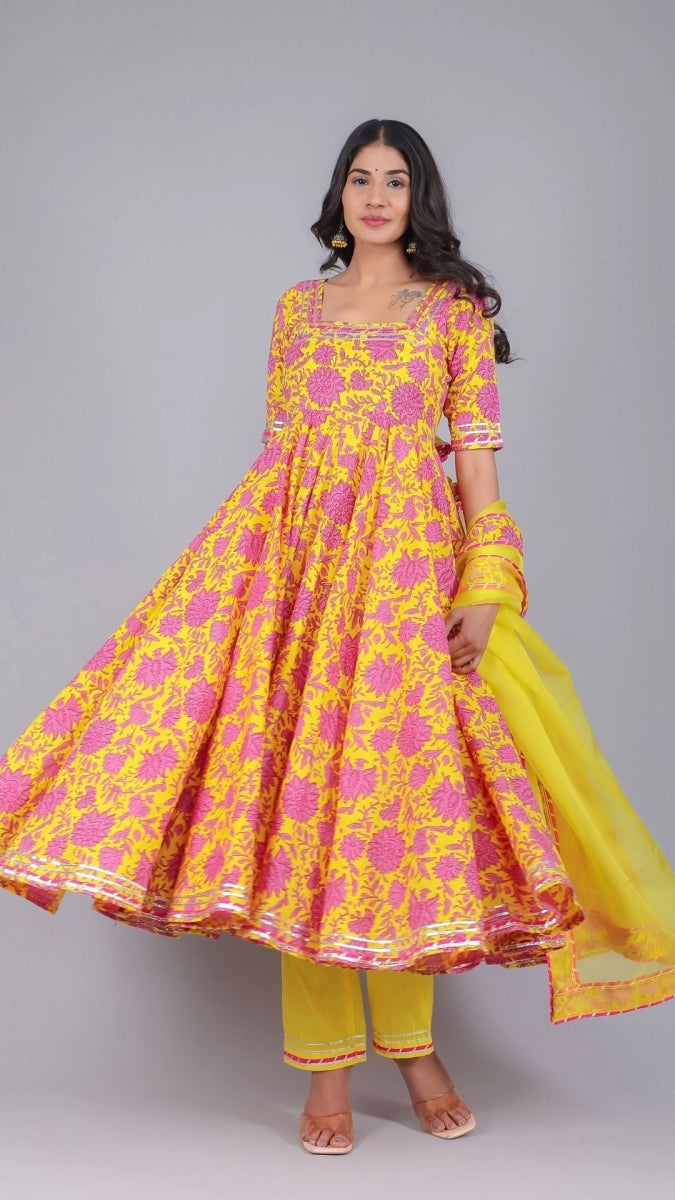 ADIBA YELLOW COTTON ANARKALI SET - Pomcha Jaipur