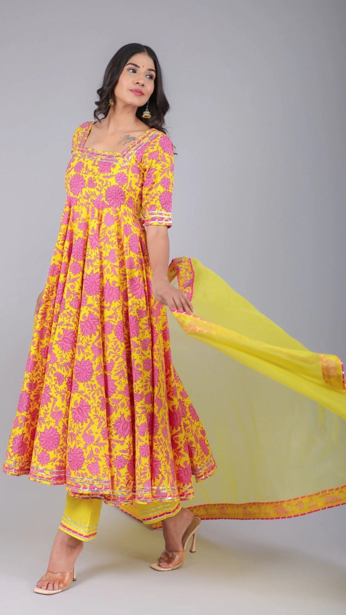 ADIBA YELLOW COTTON ANARKALI SET - Pomcha Jaipur