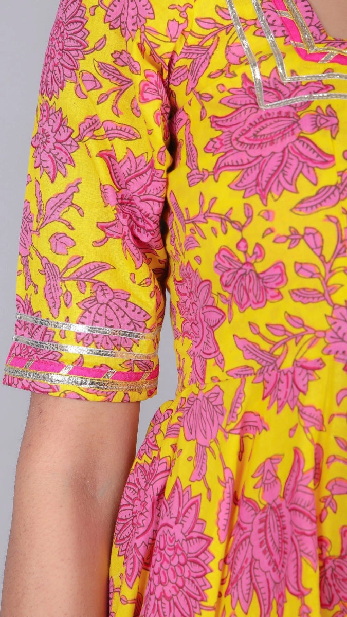 ADIBA YELLOW COTTON ANARKALI SET - Pomcha Jaipur