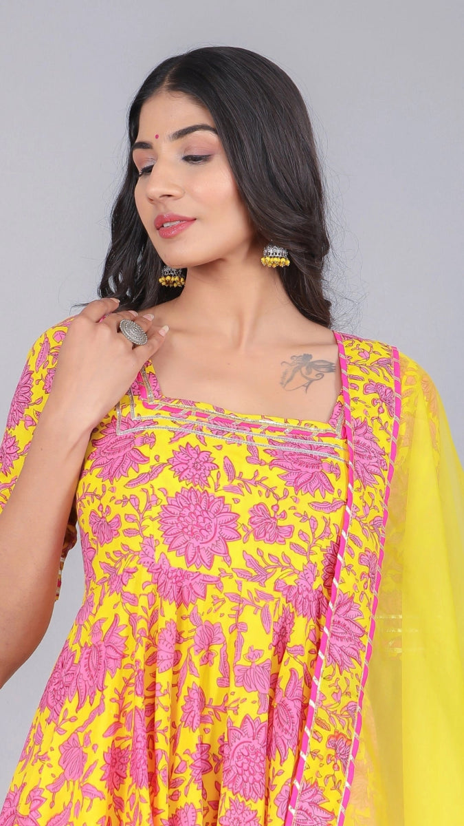 ADIBA YELLOW COTTON ANARKALI SET - Pomcha Jaipur