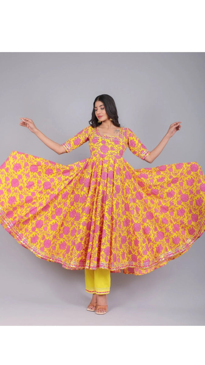 ADIBA YELLOW COTTON ANARKALI SET - Pomcha Jaipur