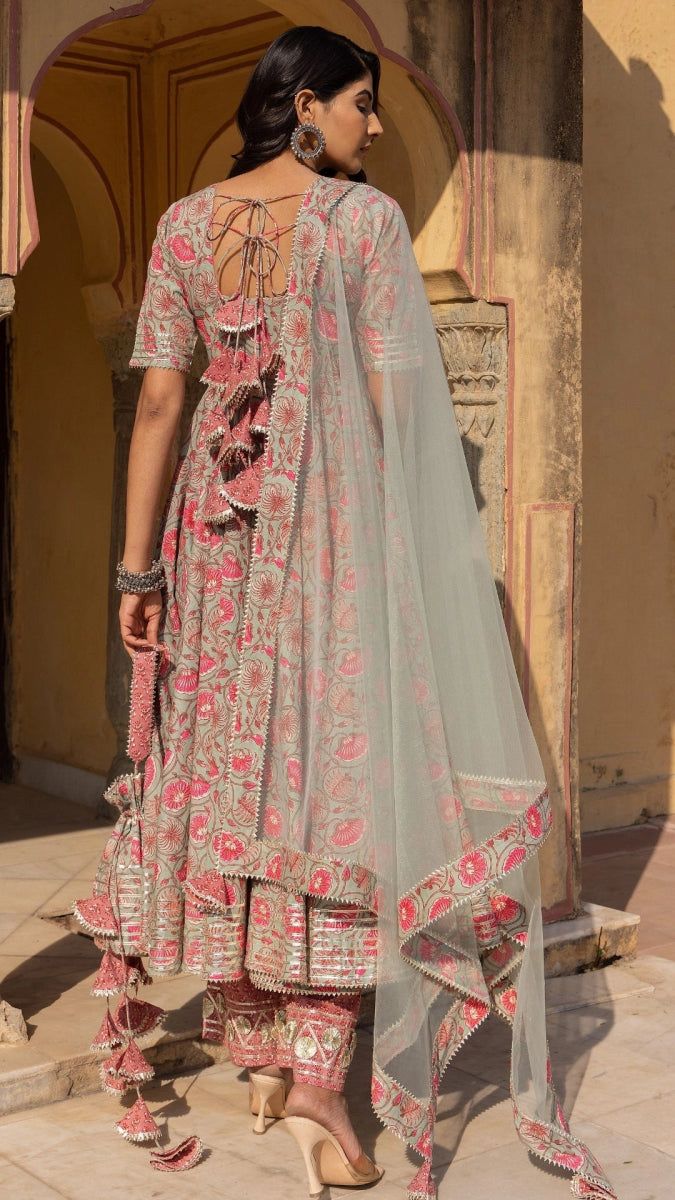 ALIZA HAND BLOCK PRINT COTTON ANARKALI SET WITH SOFT NET DUPATTA - Pomcha Jaipur