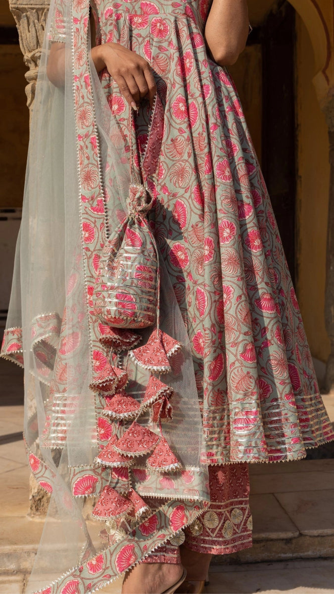 ALIZA HAND BLOCK PRINT COTTON ANARKALI SET WITH SOFT NET DUPATTA - Pomcha Jaipur