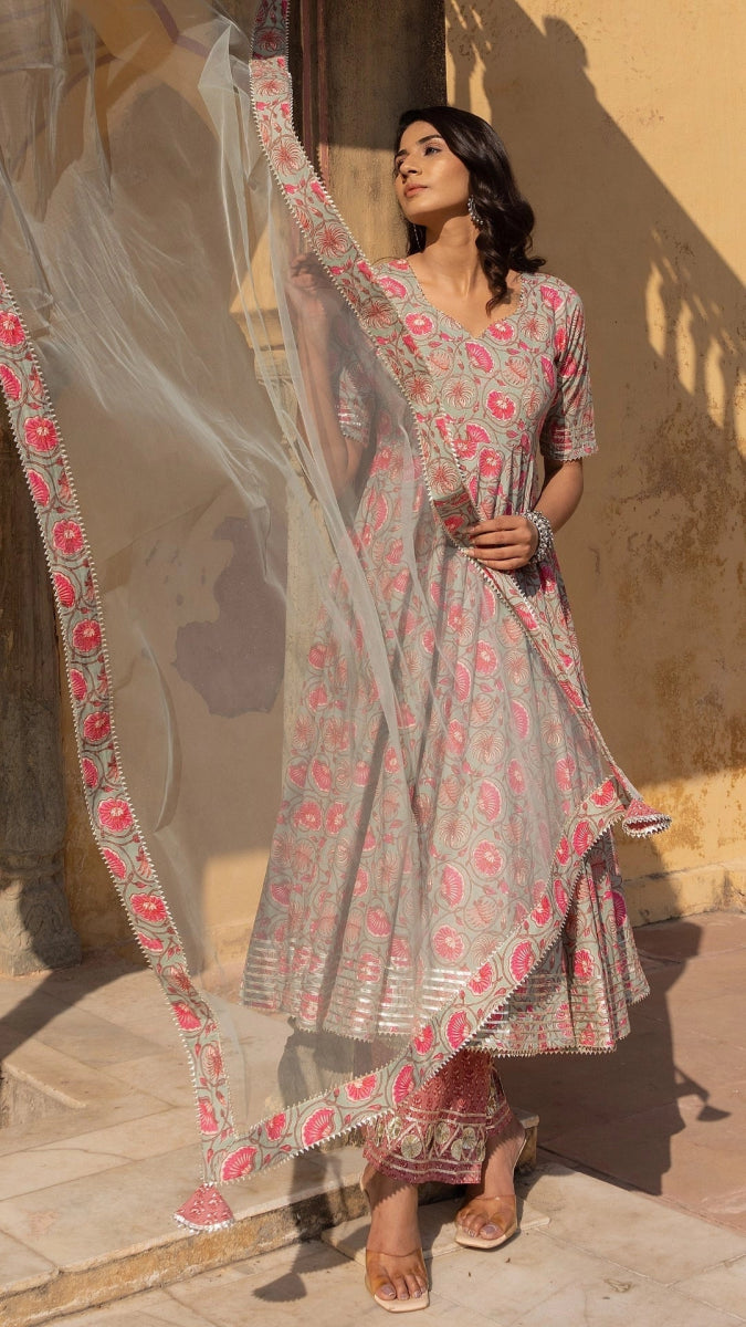 ALIZA HAND BLOCK PRINT COTTON ANARKALI SET WITH SOFT NET DUPATTA - Pomcha Jaipur