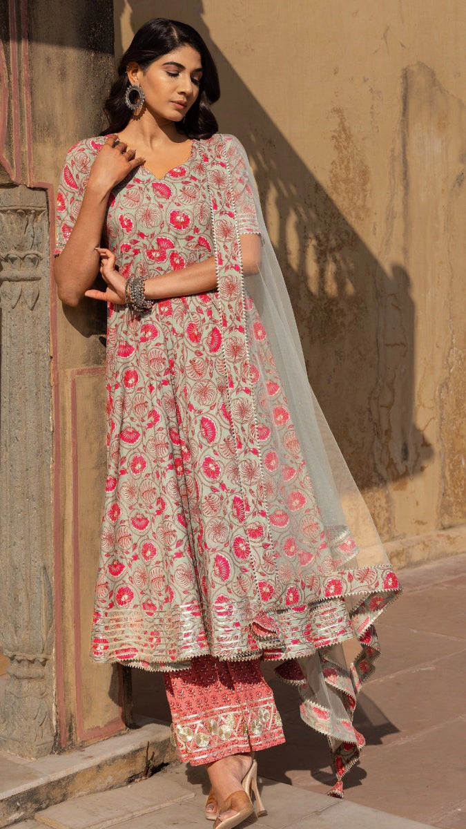 ALIZA HAND BLOCK PRINT COTTON ANARKALI SET WITH SOFT NET DUPATTA - Pomcha Jaipur