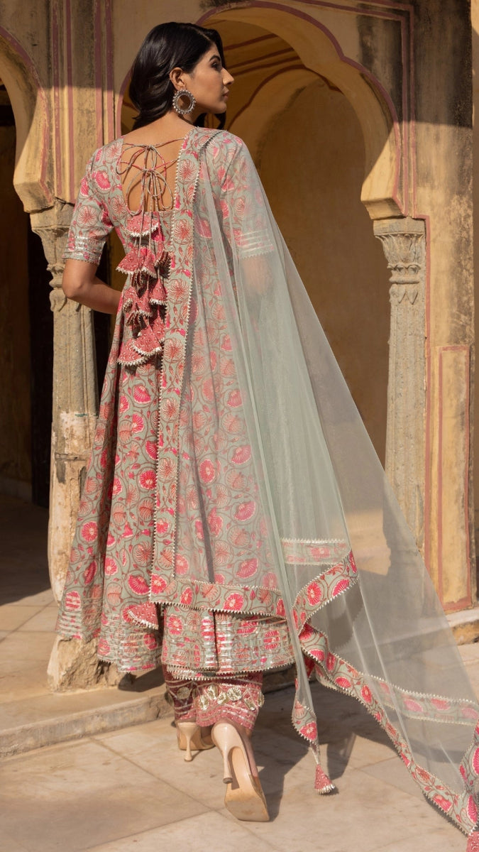 ALIZA HAND BLOCK PRINT COTTON ANARKALI SET WITH SOFT NET DUPATTA - Pomcha Jaipur