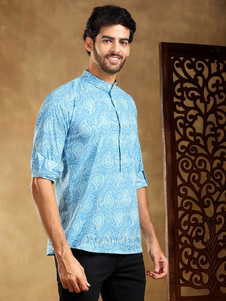 AMBER BLUE COTTON HAND BLOCK SHIRT - Pomcha Jaipur