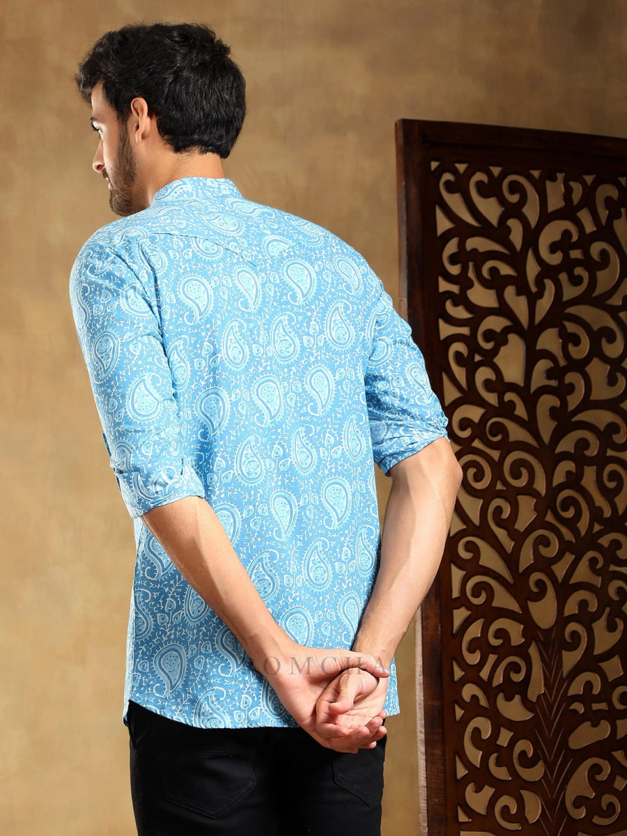 AMBER BLUE COTTON HAND BLOCK SHIRT - Pomcha Jaipur