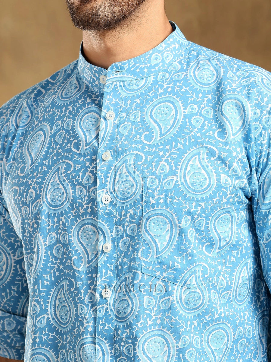 AMBER BLUE COTTON HAND BLOCK SHIRT - Pomcha Jaipur