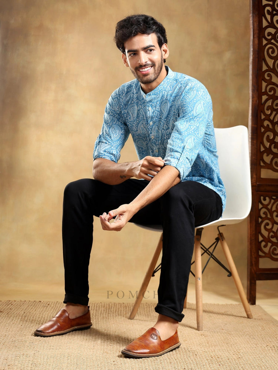 AMBER BLUE COTTON HAND BLOCK SHIRT - Pomcha Jaipur