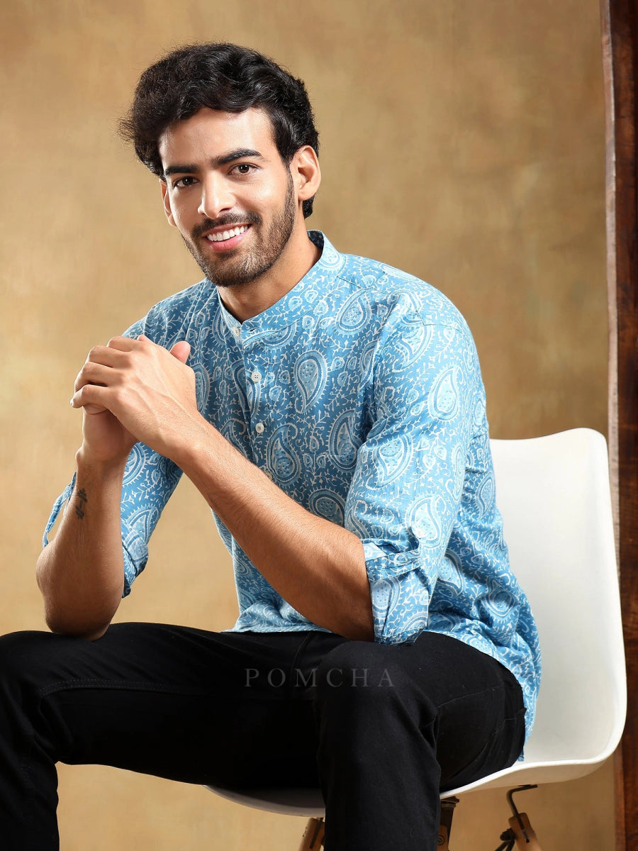 AMBER BLUE COTTON HAND BLOCK SHIRT - Pomcha Jaipur