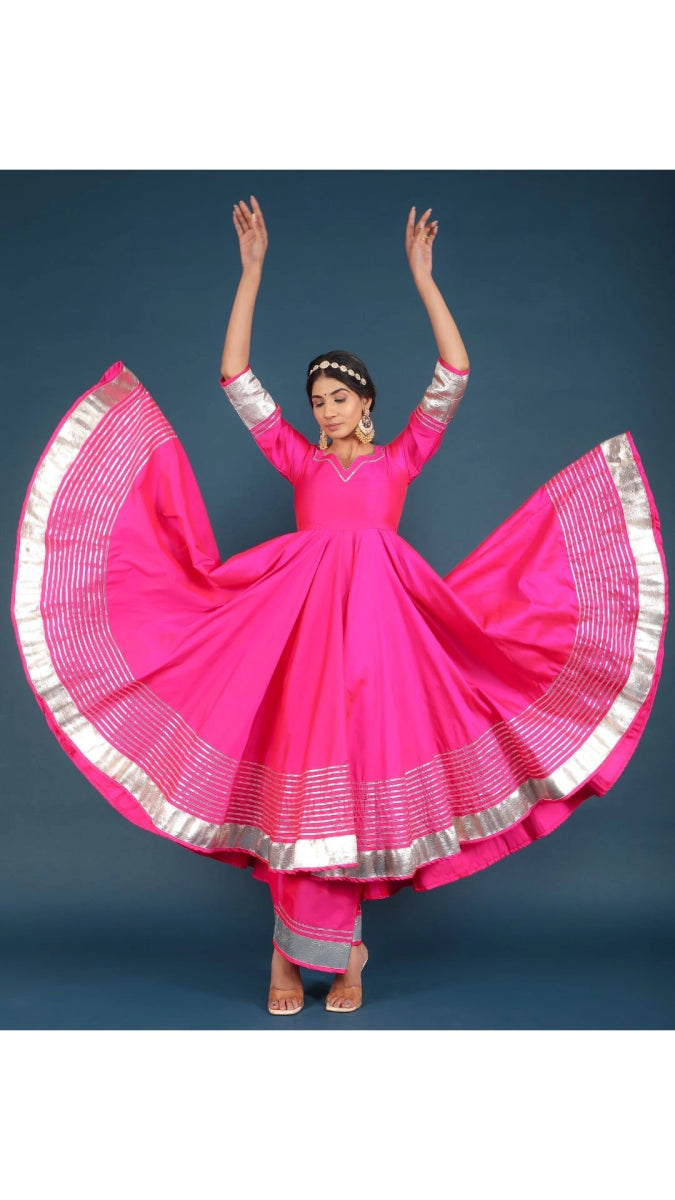AMBER HOT PINK TAFFETA SILK ANARKALI SET - Pomcha Jaipur