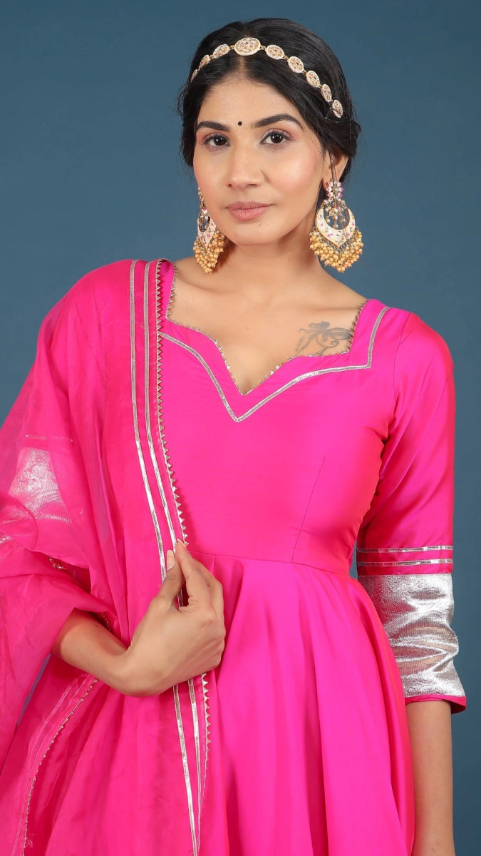 AMBER HOT PINK TAFFETA SILK ANARKALI SET - Pomcha Jaipur