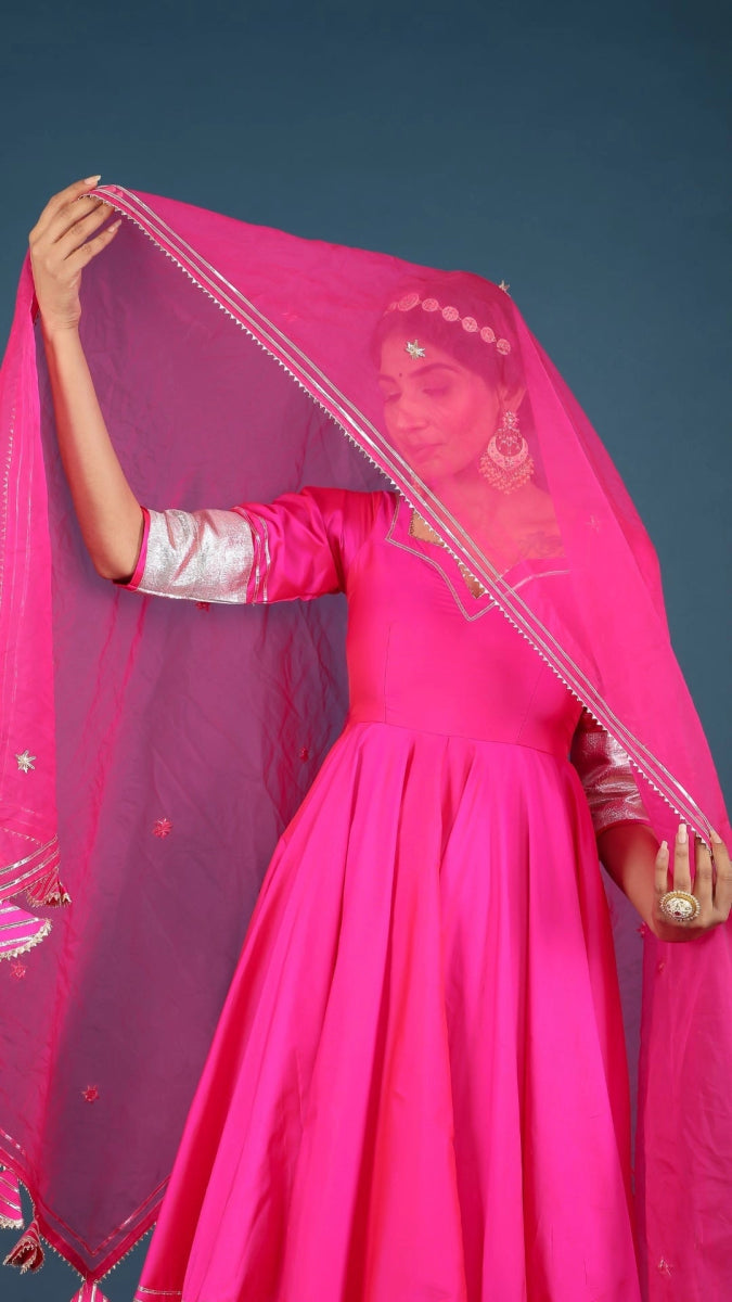 AMBER HOT PINK TAFFETA SILK ANARKALI SET - Pomcha Jaipur