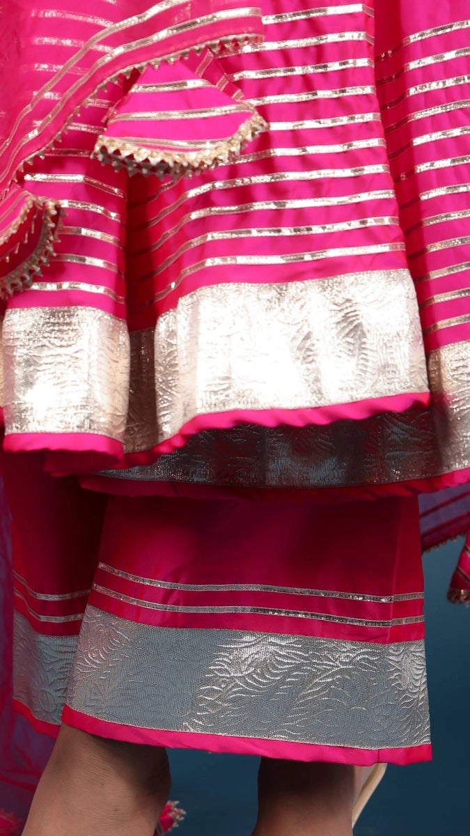 AMBER HOT PINK TAFFETA SILK ANARKALI SET - Pomcha Jaipur
