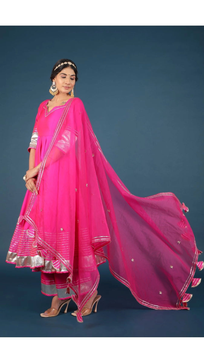 AMBER HOT PINK TAFFETA SILK ANARKALI SET - Pomcha Jaipur