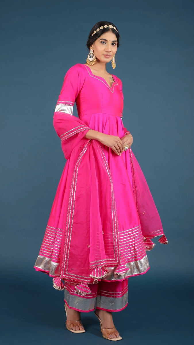 AMBER HOT PINK TAFFETA SILK ANARKALI SET - Pomcha Jaipur