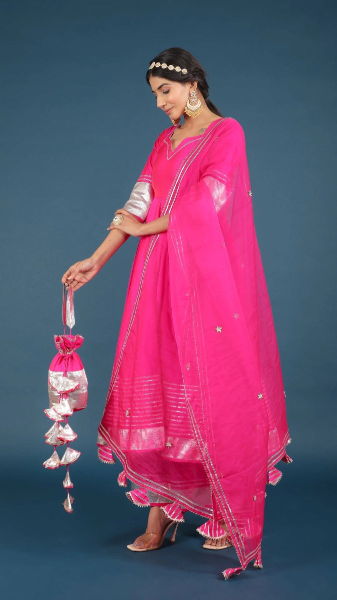 AMBER HOT PINK TAFFETA SILK ANARKALI SET - Pomcha Jaipur