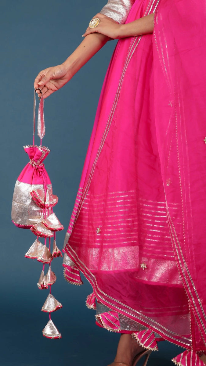 AMBER HOT PINK TAFFETA SILK ANARKALI SET - Pomcha Jaipur