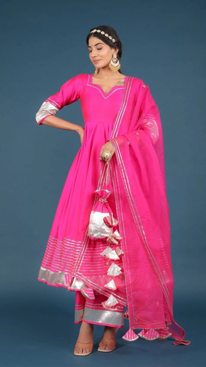 AMBER HOT PINK TAFFETA SILK ANARKALI SET - Pomcha Jaipur
