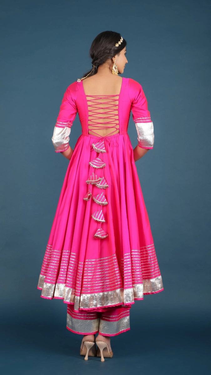 AMBER HOT PINK TAFFETA SILK ANARKALI SET - Pomcha Jaipur