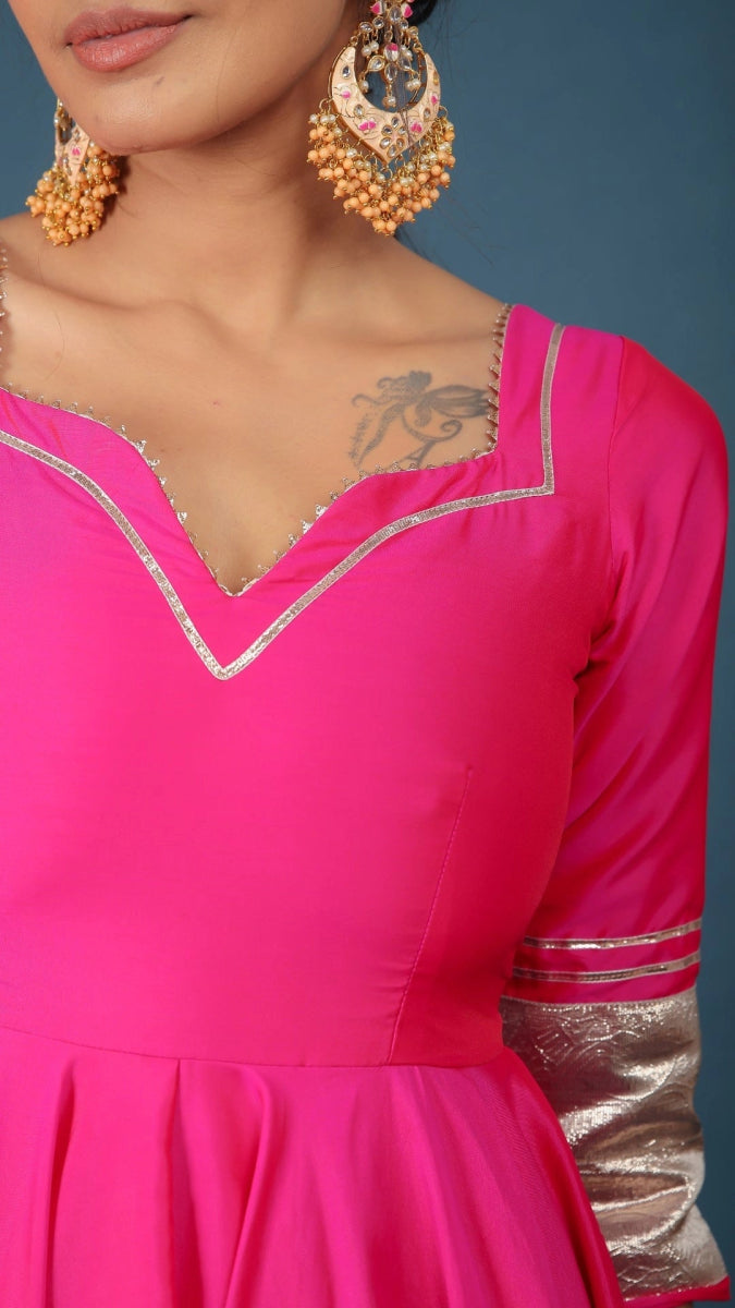 AMBER HOT PINK TAFFETA SILK ANARKALI SET - Pomcha Jaipur