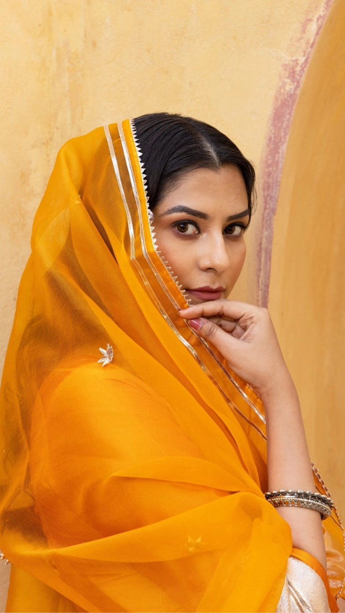 AMBER ORANGE TAFFETA SILK ANARKALI SET - Pomcha Jaipur